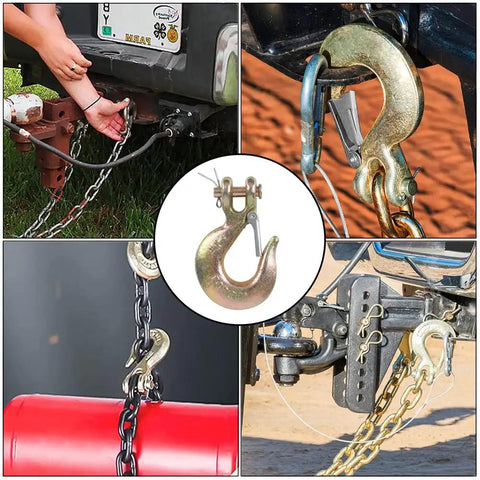 4 Pack 1/4 Inch Clevis Slip Hooks With Safety Latch Grade 70 Forged Steel 12600 Lb Capacity in use with chains and towing equipment.