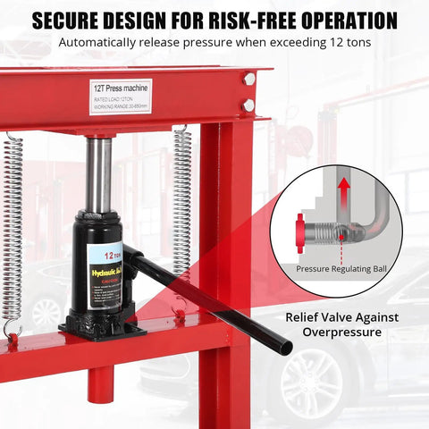 12 Ton Hydraulic Press With Adjustable Table And Movable Plates For Auto Repair Metal Bending And Garage Use Beefy Heavy Duty H Frame Shop Press In Red Built For Tough Jobs