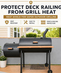 Heavy Duty Fireproof Grill Backsplash Mat To Shield Your Deck Fence And Railing From Scorching Heat Grease Splatter And Smoke, No Sweat Patio Backguard Cover that protects a deck railing.