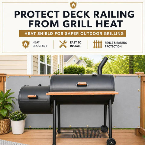 Heavy Duty Fireproof Grill Backsplash Mat To Shield Your Deck Fence And Railing From Scorching Heat Grease Splatter And Smoke, No Sweat Patio Backguard Cover that protects a deck railing.