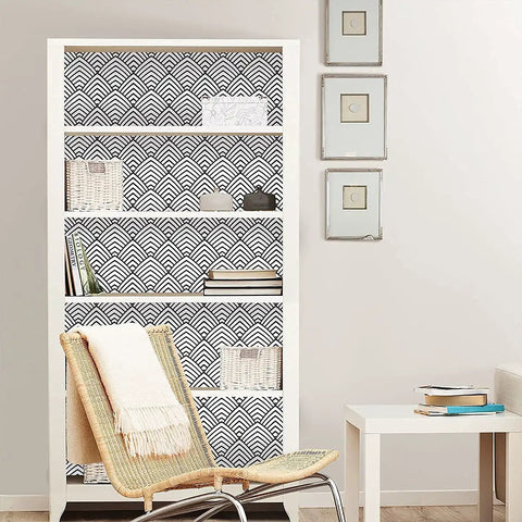 Bookshelf with Black And White Peel And Stick Wallpaper With Geometric Chevron And Herringbone Pattern For Walls And Cabinets Self Adhesive Vinyl Decor Easy DIY Removable Modern Minimalist Home Remodel