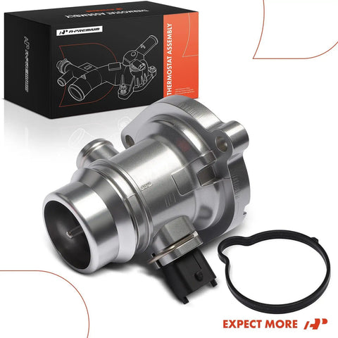Upgraded Aluminum Engine Coolant Thermostat Housing Assembly With Sensor And O Ring For Chevy Cruze Sonic Trax And Buick Encore 1.4L Direct Fit Replacement 55565336 next to packaging box