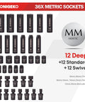 Three Eighth Inch Drive Impact Socket Set with Sixty Seven Piece Metric and SAE Six Point CR V Steel Sockets in layout