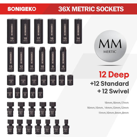 Three Eighth Inch Drive Impact Socket Set with Sixty Seven Piece Metric and SAE Six Point CR V Steel Sockets in layout