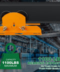 Orange Beefy Electric Hoist Trolley For I Beams With Dual Track Rollers, 1 Ton Load Capacity, shown on an I-beam in a warehouse.