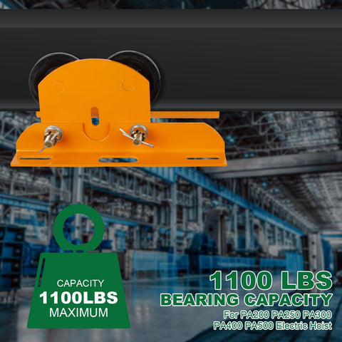 Orange Beefy Electric Hoist Trolley For I Beams With Dual Track Rollers, 1 Ton Load Capacity, shown on an I-beam in a warehouse.