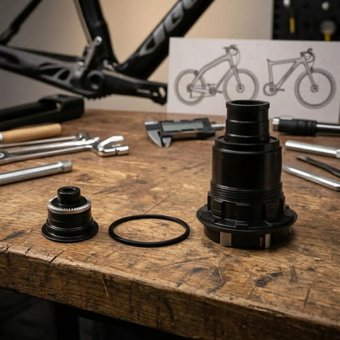 Driver Hub Body For XD XDR 11 12 Speed Cassettes Aluminum Alloy Wheel Hub Part For Seamless Power Transfer And Drivetrain Conversion And Maintenance Heavy Duty Bike Hub Component For Smooth Ride, black hub parts on workbench