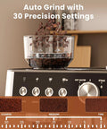 No Fuss Home Espresso Machine With Built In Grinder And Stainless Steel Milk Frother Wand For Killer Lattes And Smooth Shots Quick 20 Bar Brew Setup For Your Daily Grind showing coffee beans grinding with 30 precision settings.
