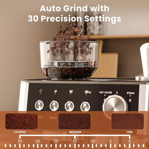 No Fuss Home Espresso Machine With Built In Grinder And Stainless Steel Milk Frother Wand For Killer Lattes And Smooth Shots Quick 20 Bar Brew Setup For Your Daily Grind showing coffee beans grinding with 30 precision settings.