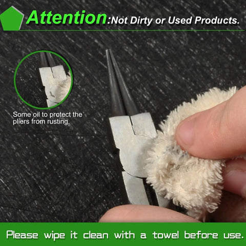 Close-up of 5 Inch Mini Round Nose Pliers with tapered jaw and micro fine precision tips being cleaned with a towel.