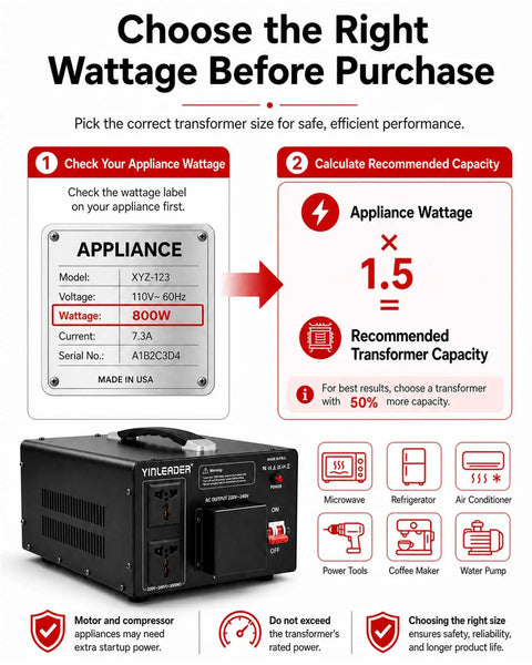 Instructions on wattage selection for Straight Shooting Heavy Duty Step Up Voltage Converter Transformer Adjusting AC 110 To 220 Volts.