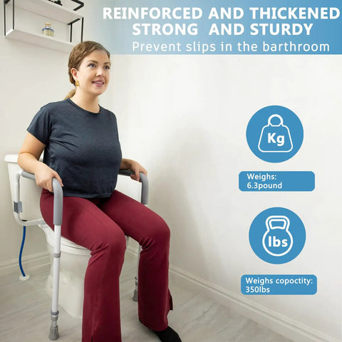 Built Heavy Duty Bathroom Safety Rail For Seniors featuring height and width adjustable handles, aiding bathroom stability.