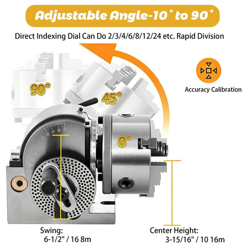 Heavy Duty Cast Iron Indexing Dividing Head With 3 Jaw Chuck And Spiral Tailstock offering killer precision rotary indexer functionality showing adjustable angle settings from 0 to 90 degrees.