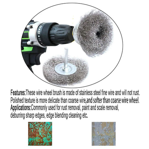 FPPO stainless steel wire wheel and cup brush kit for drill, 7-piece set, 0.0059 in wire, 1/4 in shank