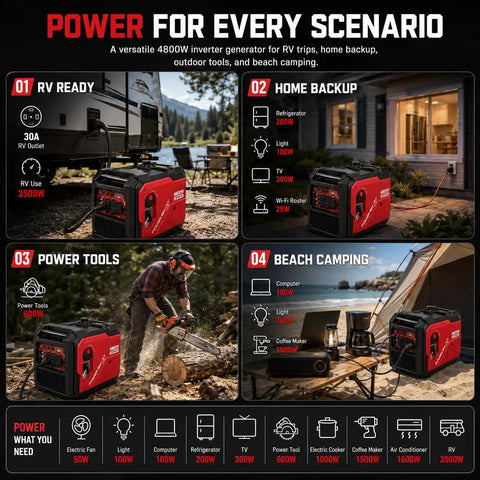 4800W Gas Portable Inverter Generator with Electric Start used for RV, home backup, power tools, and beach camping scenarios