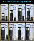 Shop Grade Spline Lug Nut Socket Set With 6 7 And 10 Spline Keys, black steel lug nut keys with dual hex heads.