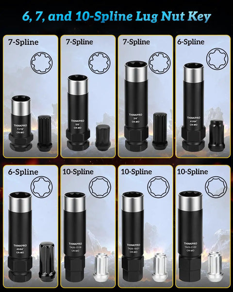 Shop Grade Spline Lug Nut Socket Set With 6 7 And 10 Spline Keys, black steel lug nut keys with dual hex heads.
