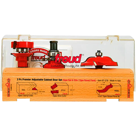 3 Piece Premier Adjustable Cabinet Bit Set With Ogee And Roman Ogee Profiles, Quadra Cut Technology displayed in packaging