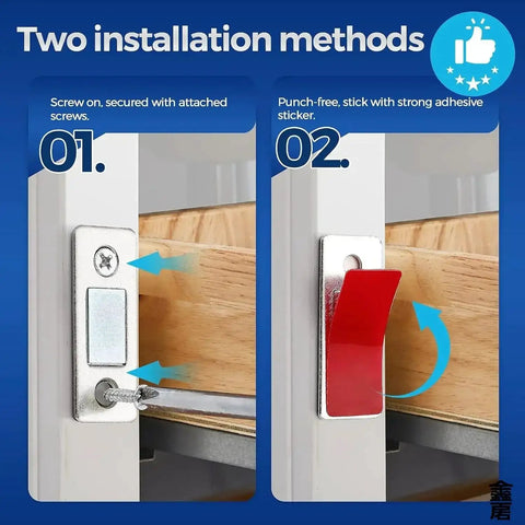 Two installation methods for 3 Pack Magnetic Door Catches Featuring Zero Drill Hassle And Rock Solid Adhesive Mounting.