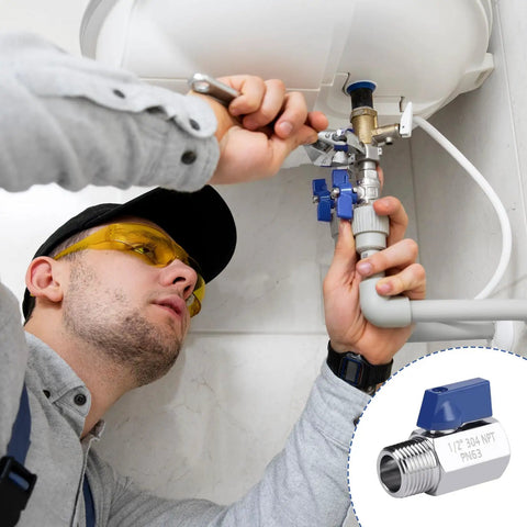 Plumber installing Five Pack Half Inch Mini Ball Valves Stainless Steel 304 NPT Female To Male Threads Shut Off Quarter Turn