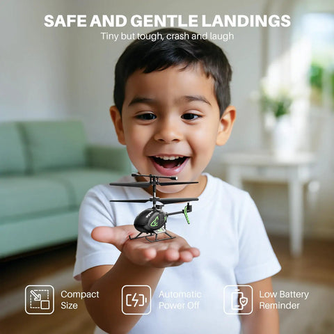 Child holding palm sized mini RC helicopter with gyro stabilizer and altitude hold for indoor flight, showcasing features.