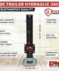 Heavy Duty 12,000 Lb Hydraulic Trailer Jack With Power Unit Kit Bolt On Double Acting Lift displayed with features labeled
