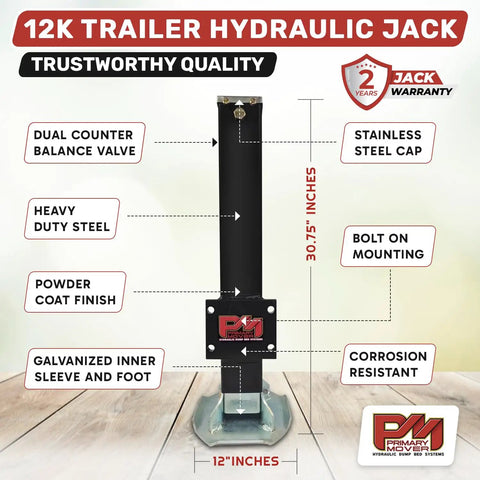 Heavy Duty 12,000 Lb Hydraulic Trailer Jack With Power Unit Kit Bolt On Double Acting Lift displayed with features labeled