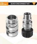 Stainless Steel Pressure Washer Adapter Set Eight Pieces With Quick Connect Fittings For Hoses And Sprayers Durable Corrosion Resistant Easy Snap On Connectors For Fast No Fuss Cleaning Projects Go To Gear, two stainless quick-connect adapters
