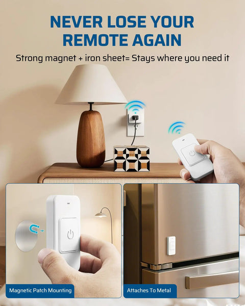 Indoor Wireless Remote Outlet With Big One Touch Button Easy On Off Control For Lamps Vacs Lights Holiday Decor 15A/1875W 100Ft RF Range Magnetic Wall Switch Simple Setup White displayed on a wall and metal surfaces.