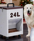 Heavy Duty Gravity Dog Feeder For Large Breeds Outdoor Auto Food Dispenser Galvanized Steel 30 Pound Capacity next to a dog