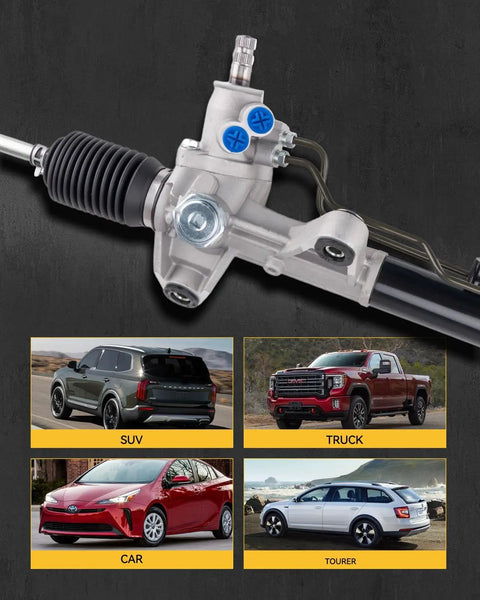 Power Steering Rack And Pinion Assembly Replacement Fits 2000 Through 2011 Impala LaCrosse Century Regal Monte Carlo Drop In Easy Install Plug And Play Complete Steering Rack displayed with car types.