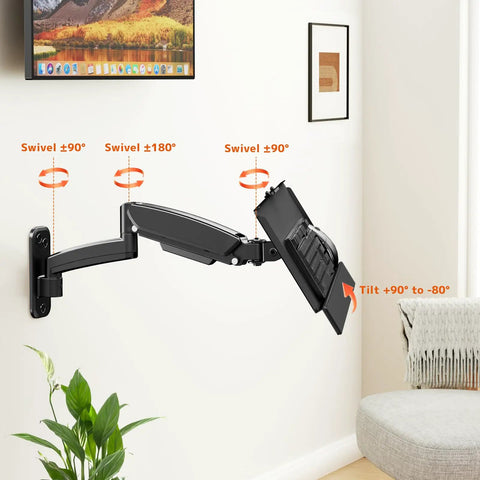 Sleek Wall Mounted Keyboard Tray 26 Inch Heavy Duty Steel Platform With Dedicated Mouse Nook Raised Edge Guard Adjustable Tilt Angle Black, mounted on wall with adjustable swivel.
