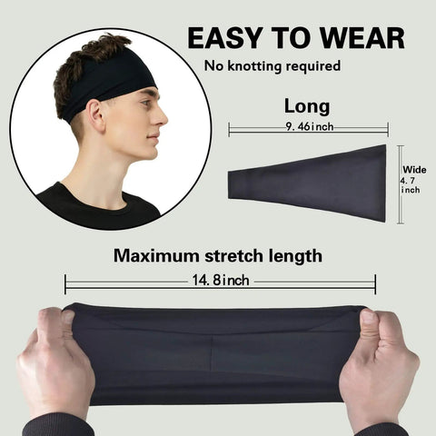 5 Pack Moisture Wicking Workout Headbands For Men And Women, Black Sweatband showcased on model with stretch dimensions.