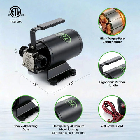 Portable 12V Water Transfer Pump 330 GPH Self Priming Electric Sump Pump With Suction Hose Attachment Workhorse For Home Garage Farm Boats Campers And Flood Cleanup featured with ergonomic design and heavy-duty aluminum alloy housing.