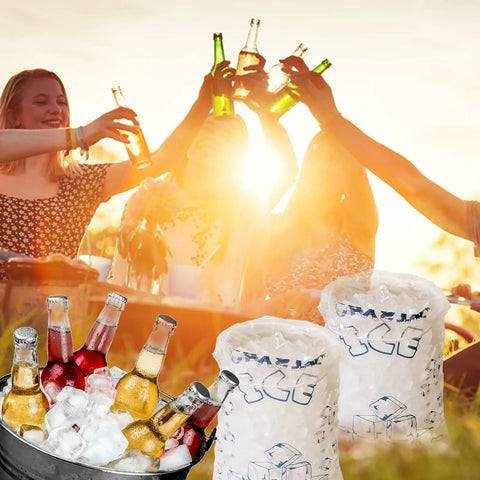 Heavy Duty Ice Bags 10 Lb With Drawstring 50 Count Reusable Ice Bags For Ice Machines in outdoor party scene with drinks
