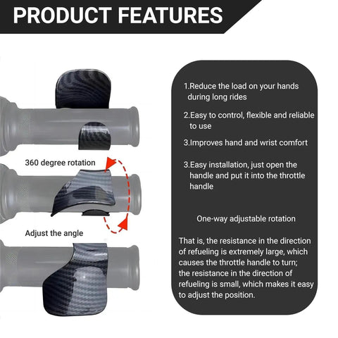 Product features of Motorcycle Cruise Assist Handles Throttle Mount Cruise Lever Rocker Switch Universal Carbon Fiber Black 2 Pack showcasing installation details.