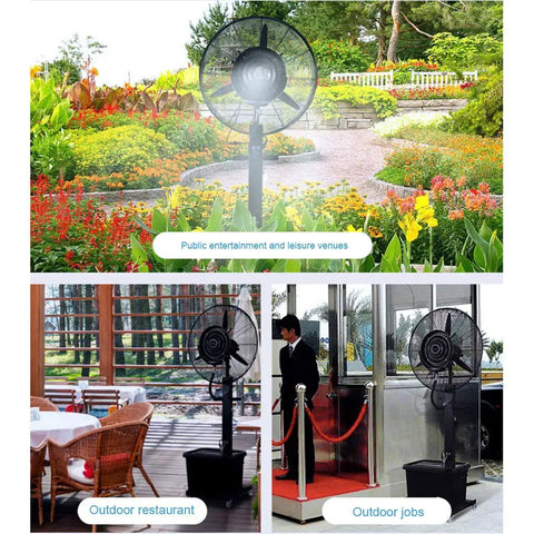 Heavy Duty Industrial Misting Floor Fan With Adjustable Pedestal Stand And Three Speed Settings For Garages Shops And Patios in outdoor settings