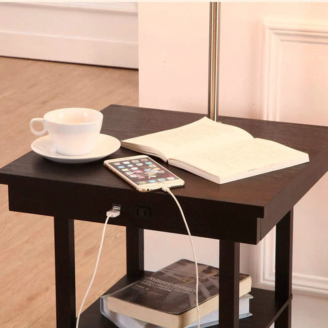 Space Saving Side Table With Built In Floor Lamp And USB Port, Nightstand And Desk Lamp Combo, Modern Black End Table With White Shade, Perfect For Small Bedrooms, Living Room Or Office