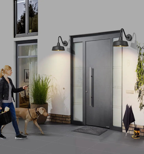 Entryway with two pack outdoor barn lights with black finish, classic farmhouse porch lamps for patios, decks and porches, small but mighty exterior lighting