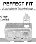 Heavy Duty Beefy Half Inch Knockout Seals For Electrical Boxes Snap In Place Steel Wire Mesh Rings Lock Secure Against Moisture And Rust Tough As Nails Twelve Pack, showing a 1/2 inch steel plug for electrical box knocks.