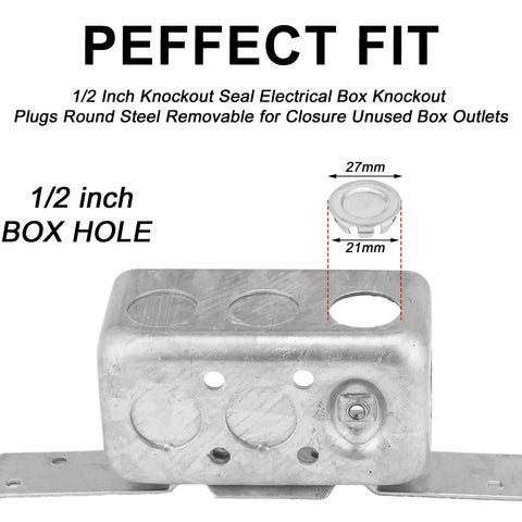 Heavy Duty Beefy Half Inch Knockout Seals For Electrical Boxes Snap In Place Steel Wire Mesh Rings Lock Secure Against Moisture And Rust Tough As Nails Twelve Pack, showing a 1/2 inch steel plug for electrical box knocks.