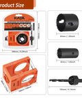 Pro Grade Door Lock Installation Kit With Adjustable Guide Template And Heavy Duty Hole Saws dimensions and components layout.