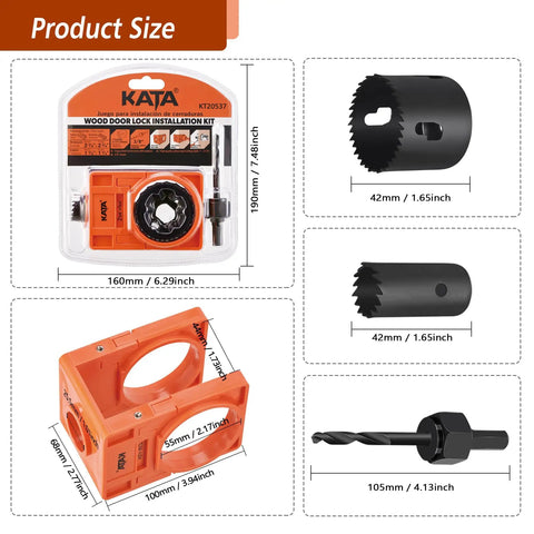 Pro Grade Door Lock Installation Kit With Adjustable Guide Template And Heavy Duty Hole Saws dimensions and components layout.