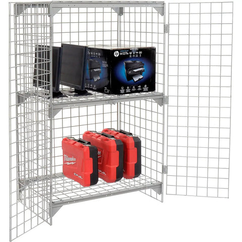 Heavy Duty As Hell One Tier Two Door Wire Mesh Security Locker Gray with adjustable inner shelf displaying tools and equipment.