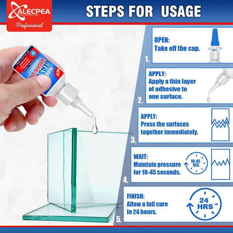 Crystal Clear Glass Glue being applied to glass surface with instructions for use, emphasizing 15 sec set time.
