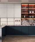 Modern kitchen with cabinets featuring Six Pack Adhesive Cabinet Handles in Gold Finish, no drill, peel and stick installation.