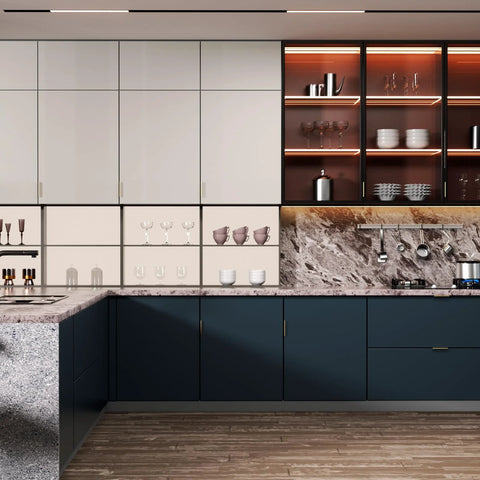 Modern kitchen with cabinets featuring Six Pack Adhesive Cabinet Handles in Gold Finish, no drill, peel and stick installation.