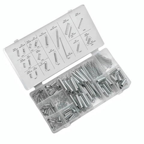 Heavy Duty 200 Piece Spring Assortment Kit Steel Wire Extension Replacement Set With Plastic Storage Box For Garage And Home Repairs, open case