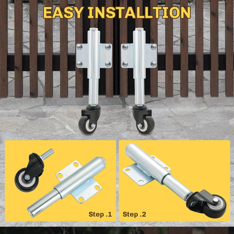 Front view of 2 Inch Spring Loaded Gate Caster Wheels, 2 Pack Retractable Swivel Casters with mounting plates, installed on a fence.