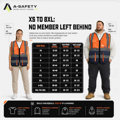Straight Up Built Tough Orange And Navy Blue Safety Vest Lightweight Polyester Workwear Reflective Construction Gear Machine Washable Crew Protection Essentials